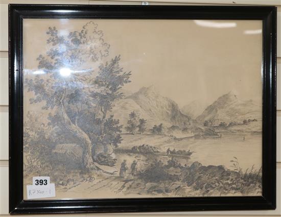 Joseph Wilkinson (1763-1831), pencil drawing, lakeside view, 13 x 17.5in.